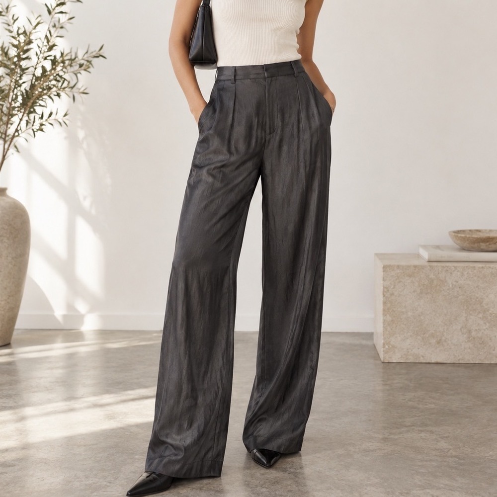 Vintage Ellen Tracy Silk Blend Charcoal Pleated Wide Leg Pants Minimalist 8